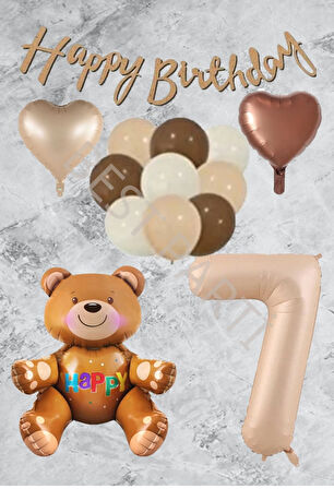 Kum Beji Rakam Kalp Ayıcıklı Folyo Balon Seti Yaş 7