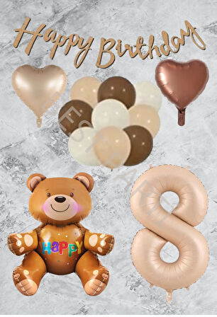 Kum Beji Rakam Kalp Ayıcıklı Folyo Balon Seti Yaş 8