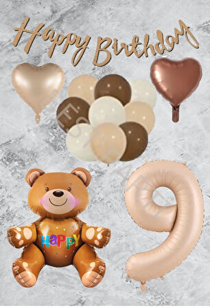 Kum Beji Rakam Kalp Ayıcıklı Folyo Balon Seti Yaş 9