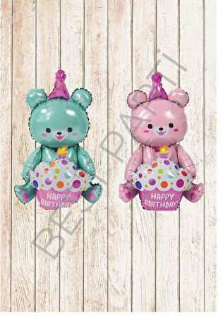 Oturan Ayı Yeşil-Pembe 2'li Folyo Balon Seti