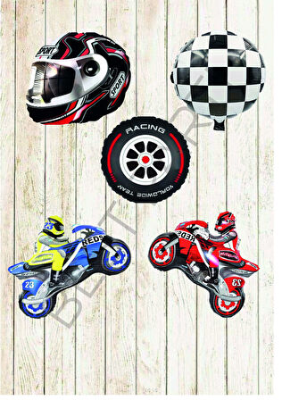Motorsiklet Motorcu Kaskı Yarış Lastiği ve Damalı Folyo Balon Seti