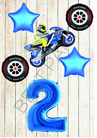 Motorsiklet-Yarış Lastiği ve Mavi Rakam Yıldız Folyo Balon Seti Yaş-2