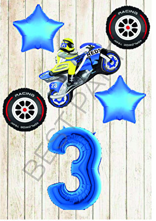 Motorsiklet-Yarış Lastiği ve Mavi Rakam Yıldız Folyo Balon Seti Yaş-3