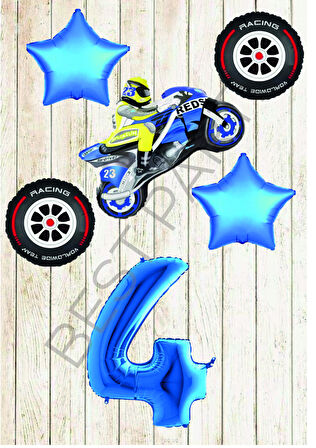 Motorsiklet-Yarış Lastiği ve Mavi Rakam Yıldız Folyo Balon Seti Yaş-4