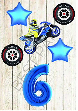 Motorsiklet-Yarış Lastiği ve Mavi Rakam Yıldız Folyo Balon Seti Yaş-6