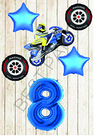 Motorsiklet-Yarış Lastiği ve Mavi Rakam Yıldız Folyo Balon Seti Yaş-8