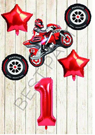 Motorsiklet-Yarış Lastiği ve Kırmızı Rakam Yıldız Folyo Balon Seti Yaş-1