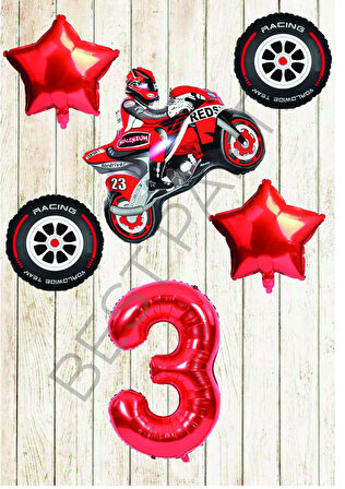 Motorsiklet-Yarış Lastiği ve Kırmızı Rakam Yıldız Folyo Balon Seti Yaş-3