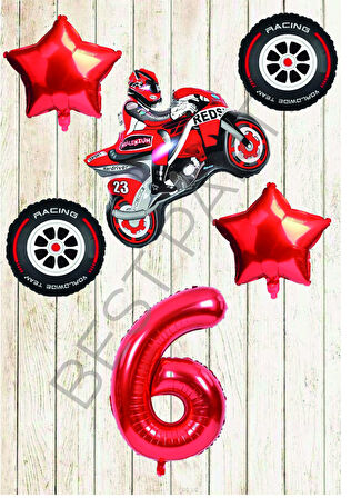Motorsiklet-Yarış Lastiği ve Kırmızı Rakam Yıldız Folyo Balon Seti Yaş-6