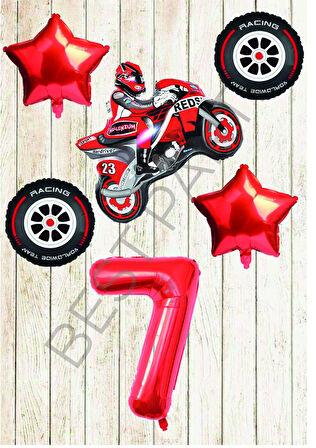 Motorsiklet-Yarış Lastiği ve Kırmızı Rakam Yıldız Folyo Balon Seti Yaş-7
