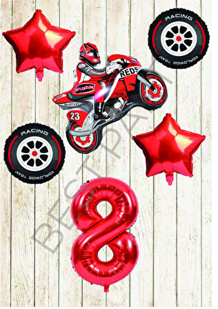 Motorsiklet-Yarış Lastiği ve Kırmızı Rakam Yıldız Folyo Balon Seti Yaş-8