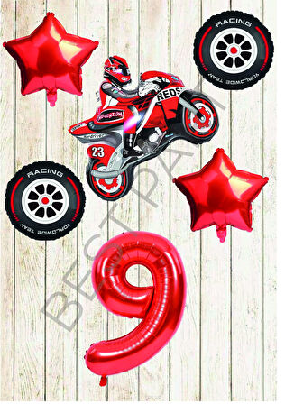 Motorsiklet-Yarış Lastiği ve Kırmızı Rakam Yıldız Folyo Balon Seti Yaş-9