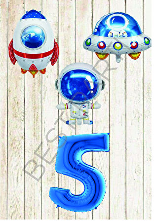 Uzay Temalı Mavi Rakamlı Folyo Balon Seti Yaş 5