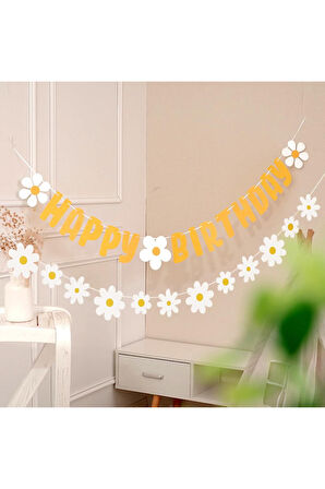 Sarı Happy Bırthday Banner ve 12'li Papatya Eva Seti