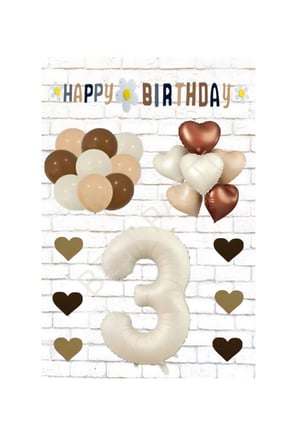 Best Bej Rakam Kalp Folyo Balon ve Eva Banner Kalp Doğum Günü Seti Yaş 3