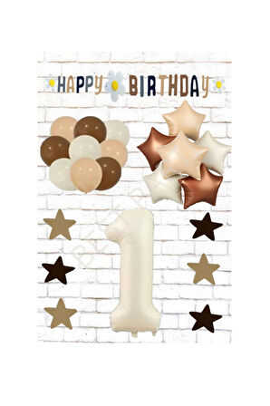 Best Bej Rakam Yıldız Folyo Balon ve Eva Banner Yıldız Doğum Günü Seti Yaş 1