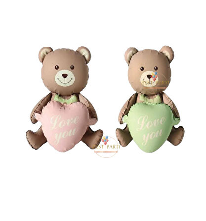 Best 2'Lİ Love You Yazılı Retro Yeşil ve Pembe Kalpli Oturan Ayı Folyo Balon