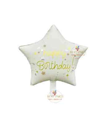 Best Krem Renk Happy Bırthday Yazılı Yıldız Folyo Balon