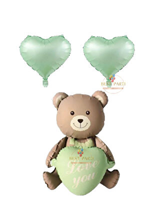 Best Love You Yazılı Retro Yeşil Kalpli Oturan Ayı ve Kalpli Folyo Balon Seti