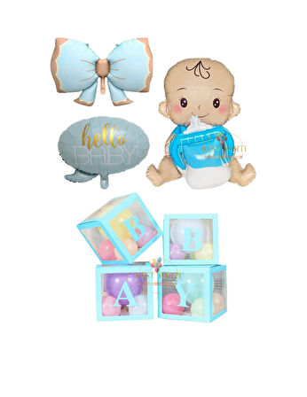 Best Baby Kutulu Mavi Erkek Bebek Hastane Odası Süsleme Balon Seti