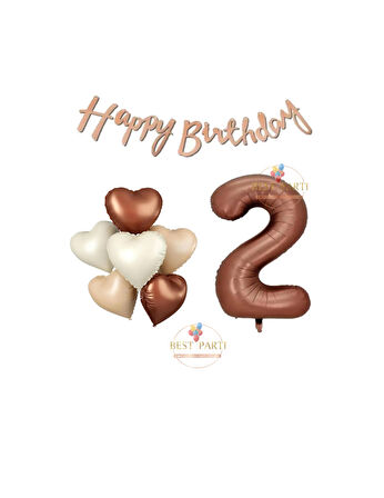 Best Happy Bıthday Yazılı Kahverengi Renk Rakam ve Kalpli Folyo Balon Seti Yaş 2