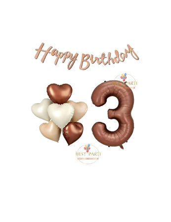 Best Happy Bıthday Yazılı Kahverengi Renk Rakam ve Kalpli Folyo Balon Seti Yaş 3