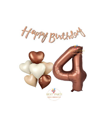 Best Happy Bıthday Yazılı Kahverengi Renk Rakam ve Kalpli Folyo Balon Seti Yaş 4