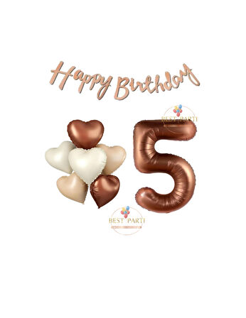 Best Happy Bıthday Yazılı Kahverengi Renk Rakam ve Kalpli Folyo Balon Seti Yaş 5