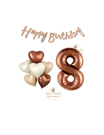 Best Happy Bıthday Yazılı Kahverengi Renk Rakam ve Kalpli Folyo Balon Seti Yaş 8