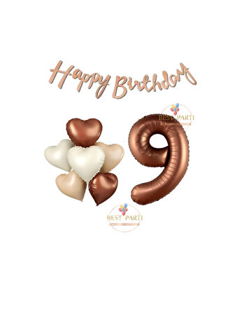 Best Happy Bıthday Yazılı Kahverengi Renk Rakam ve Kalpli Folyo Balon Seti Yaş 9