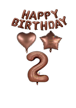 Best Kahverengi Renk Happy Bırthday Rakam Kalp Yıldız Folyo Balon Seti Yaş 2