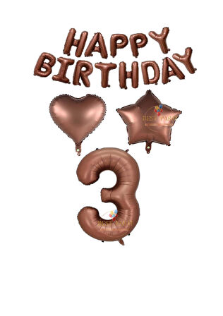 Best Kahverengi Renk Happy Bırthday Rakam Kalp Yıldız Folyo Balon Seti Yaş 3