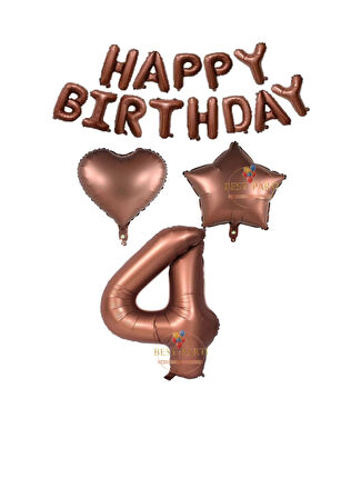 Best Kahverengi Renk Happy Bırthday Rakam Kalp Yıldız Folyo Balon Seti Yaş 4