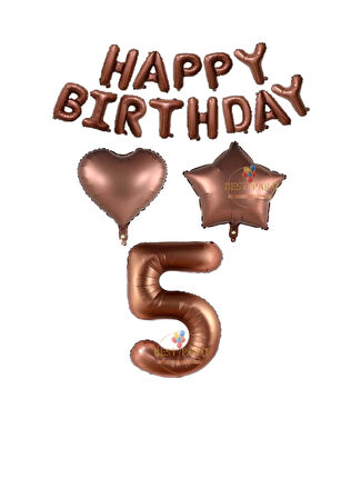 Best Kahverengi Renk Happy Bırthday Rakam Kalp Yıldız Folyo Balon Seti Yaş 5