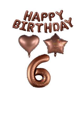 Best Kahverengi Renk Happy Bırthday Rakam Kalp Yıldız Folyo Balon Seti Yaş 6