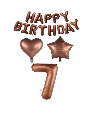 Best Kahverengi Renk Happy Bırthday Rakam Kalp Yıldız Folyo Balon Seti Yaş 7