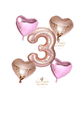 Best Rose Gold Rakam Kalp ve Pembe Kalp Folyo Balon Seti Yaş 3
