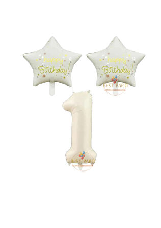 Best Bej Rakam ve Happy Bırthday Yazılı Yıldız Folyo Balon Seti Yaş 1