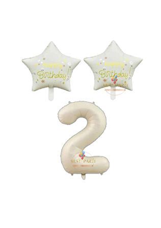 Best Bej Rakam ve Happy Bırthday Yazılı Yıldız Folyo Balon Seti Yaş 2