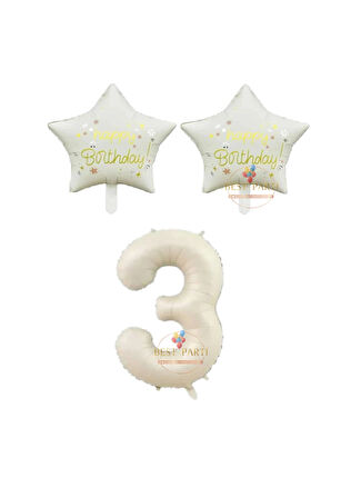 Best Bej Rakam ve Happy Bırthday Yazılı Yıldız Folyo Balon Seti Yaş 3