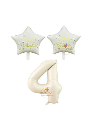 Best Bej Rakam ve Happy Bırthday Yazılı Yıldız Folyo Balon Seti Yaş 4