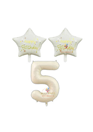 Best Bej Rakam ve Happy Bırthday Yazılı Yıldız Folyo Balon Seti Yaş 5
