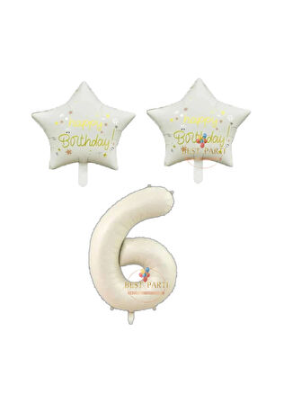 Best Bej Rakam ve Happy Bırthday Yazılı Yıldız Folyo Balon Seti Yaş 6