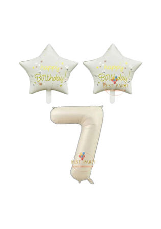 Best Bej Rakam ve Happy Bırthday Yazılı Yıldız Folyo Balon Seti Yaş 7