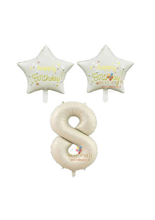Best Bej Rakam ve Happy Bırthday Yazılı Yıldız Folyo Balon Seti Yaş 8