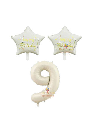 Best Bej Rakam ve Happy Bırthday Yazılı Yıldız Folyo Balon Seti Yaş 9