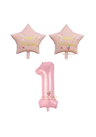 Best Pembe Renk Rakam ve Happy Bırthday Yazılı Yıldız Folyo Balon Seti Yaş 1