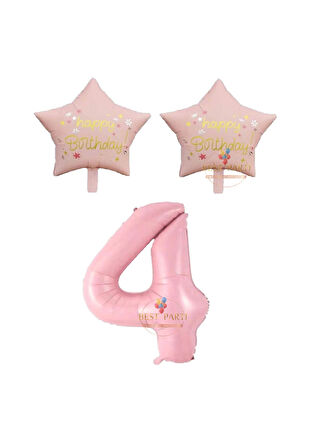Best Pembe Renk Rakam ve Happy Bırthday Yazılı Yıldız Folyo Balon Seti Yaş 4