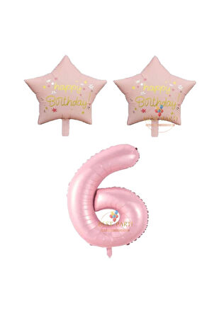 Best Pembe Renk Rakam ve Happy Bırthday Yazılı Yıldız Folyo Balon Seti Yaş 6