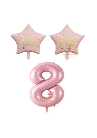Best Pembe Renk Rakam ve Happy Bırthday Yazılı Yıldız Folyo Balon Seti Yaş 8